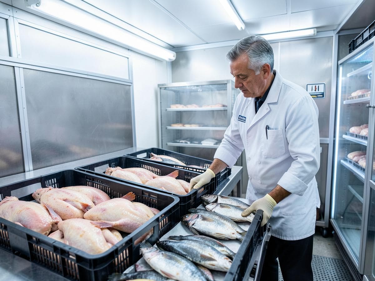 Food specialist checking poultry and seafood in a refrigerated room