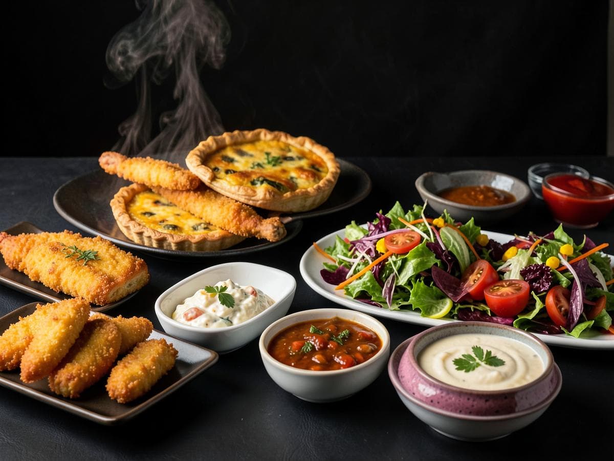 Prepared pies, schnitzels, salads and dips ready for food service